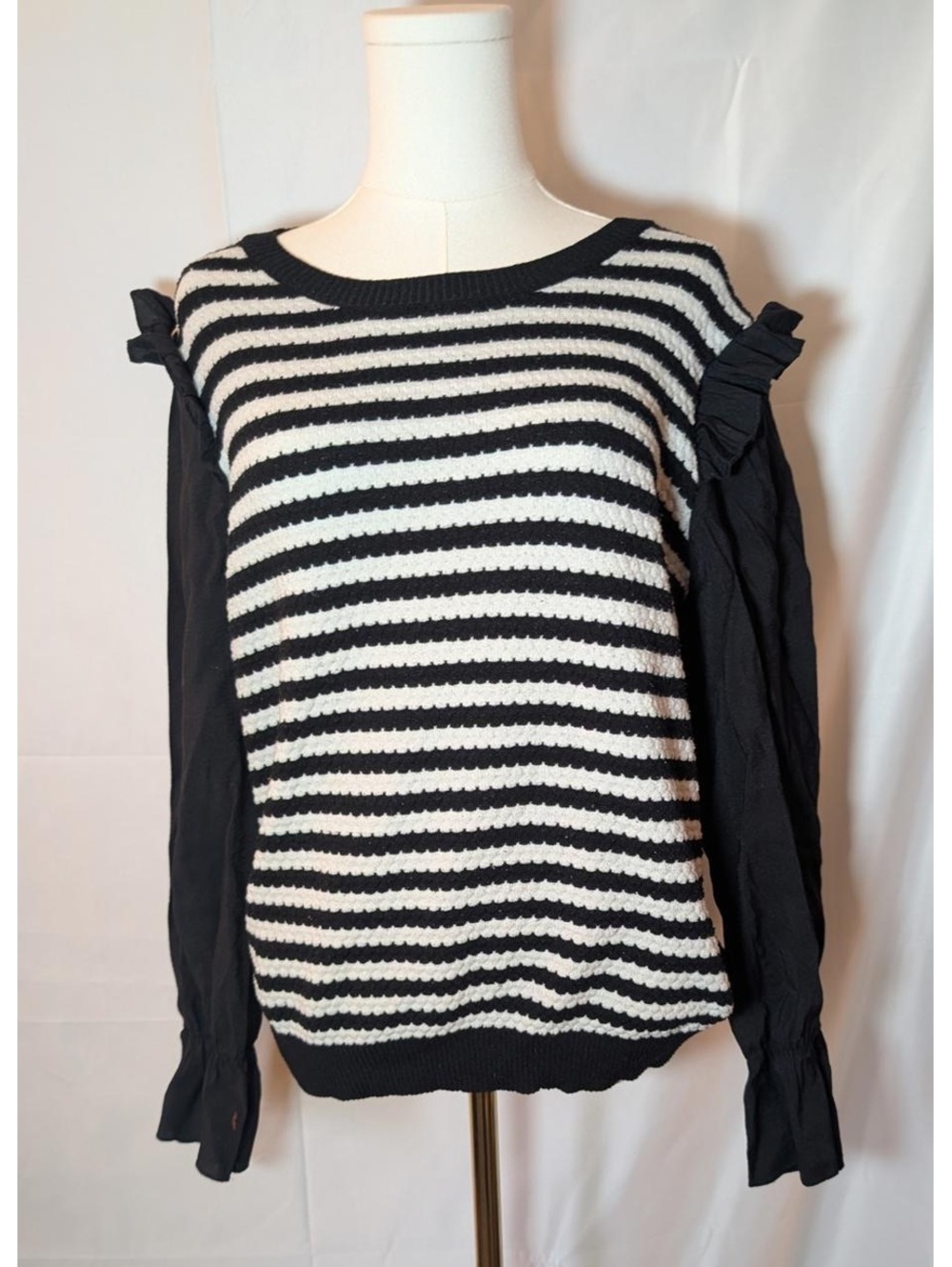 Sew In Love Black and White Striped Sweater with Ruffle Sleeves, Size M